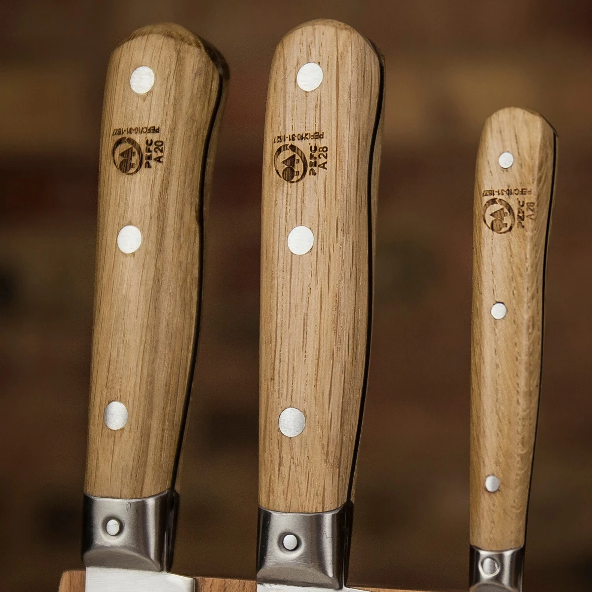 Jean Dubost Pradel 1920 Oak Handle Four Piece Kitchen Knife Set 4 Jean Dubost Pradel 1920 Oak Handle Four Piece Kitchen Knife Set - Image 2