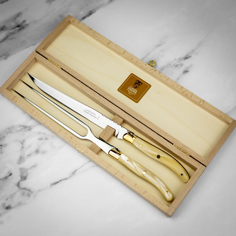 Claude Dozorme Laguiole 2pc Carving Set In Gift Box - Resin Pearl Handle 3 Claude Dozorme Laguiole 2pc Carving Set In Gift Box - Resin Pearl Handle