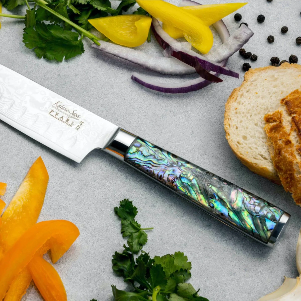 Katana Saya Pearl 18cm Damascus Santoku Knife 12 Katana Saya Pearl 18cm Damascus Santoku Knife - Image 10