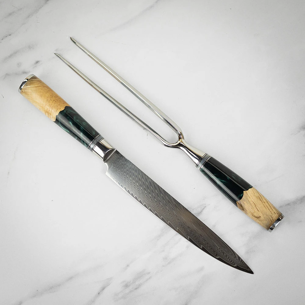 Katana Saya Rainforest 2pc Damascus Carving Set 4 Katana Saya Rainforest 2pc Damascus Carving Set - Image 2