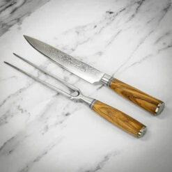 Katana Saya Olivewood 2pc Damascus Carving Set -Kitchen Knife Store kso 2015 2 katanasaya damascus 2
