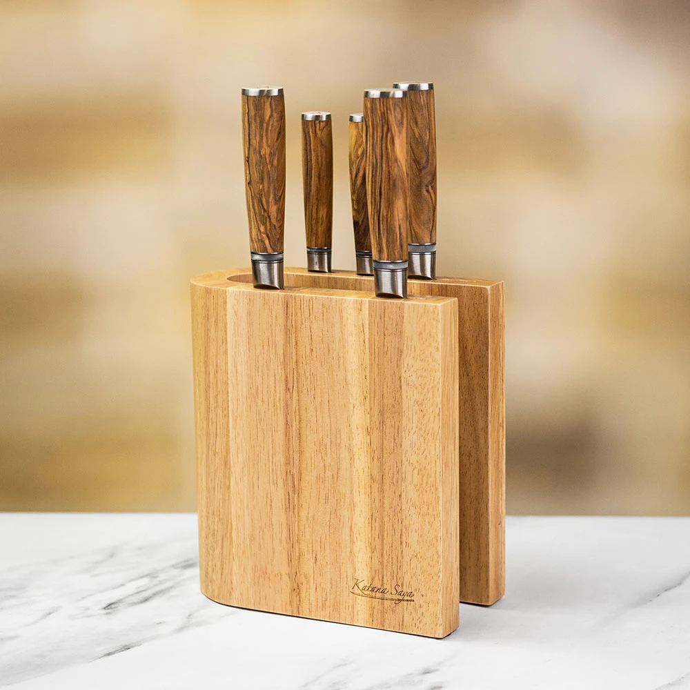 Katana Saya Olivewood 6pc Damascus Knife Block Set 3 Katana Saya Olivewood 6pc Damascus Knife Block Set