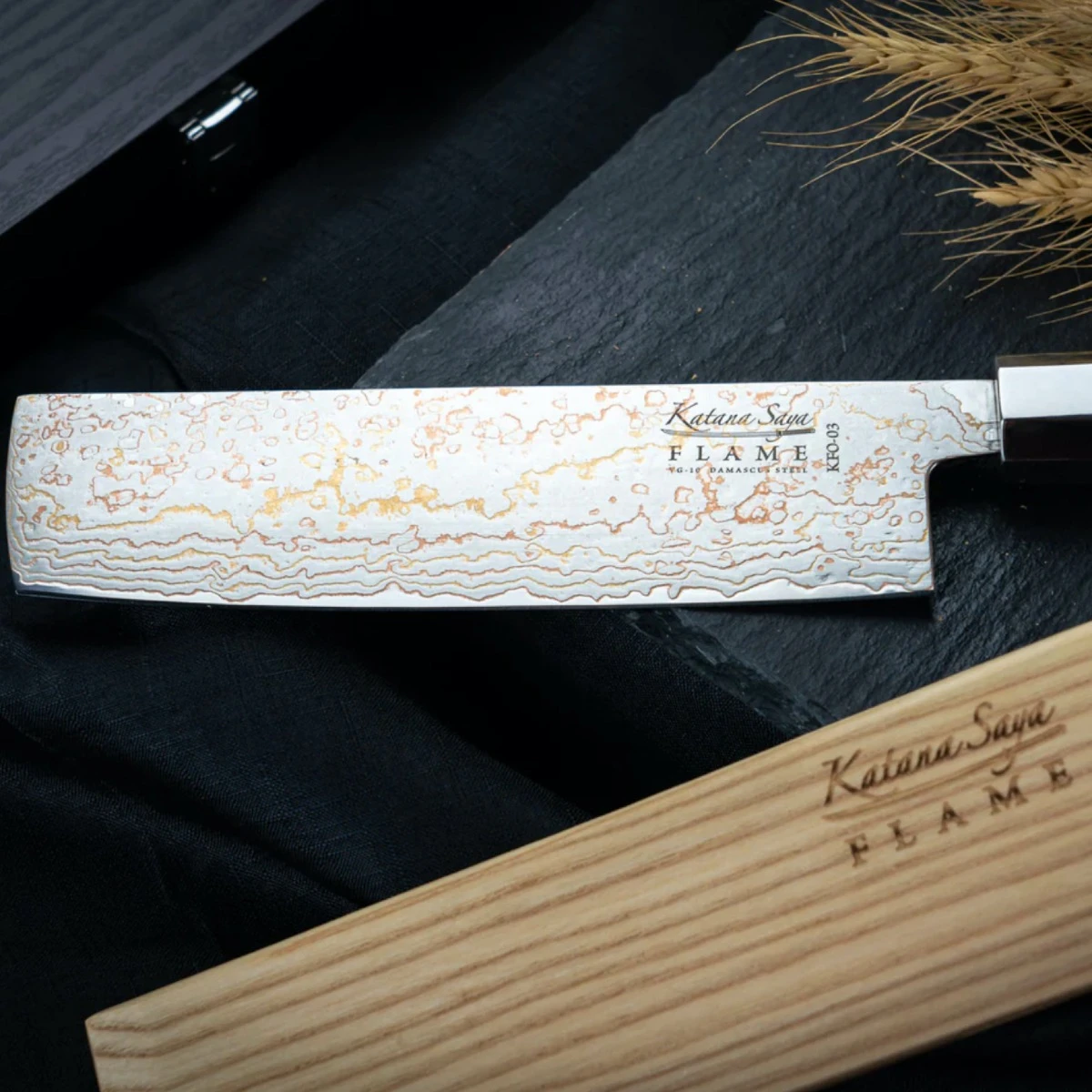 Katana Saya Flame 18cm Damascus Nakiri Knife 12 Katana Saya Flame 18cm Damascus Nakiri Knife - Image 10