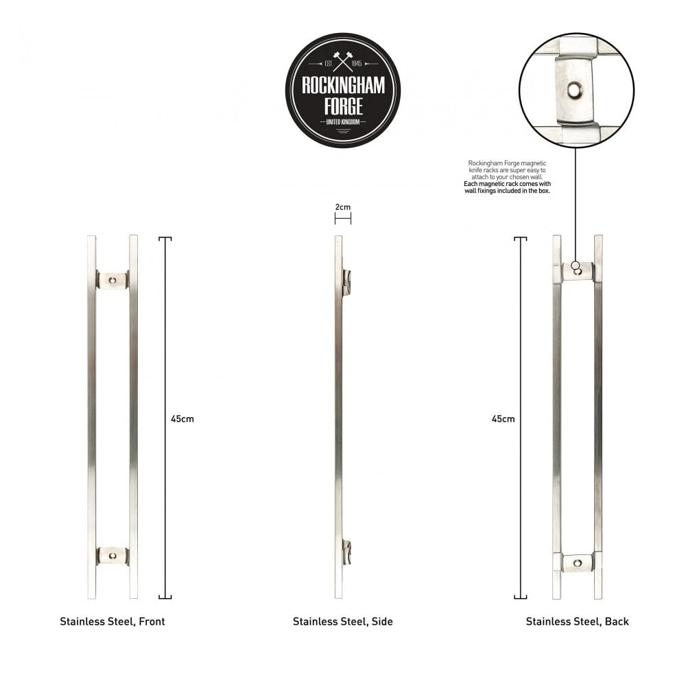 Rockingham Forge 18" Magnetic Stainless Steel Knife Rack With 6 Utensil Hooks And Wall Fixings 6 Rockingham Forge 18" Magnetic Stainless Steel Knife Rack With 6 Utensil Hooks And Wall Fixings - Image 4