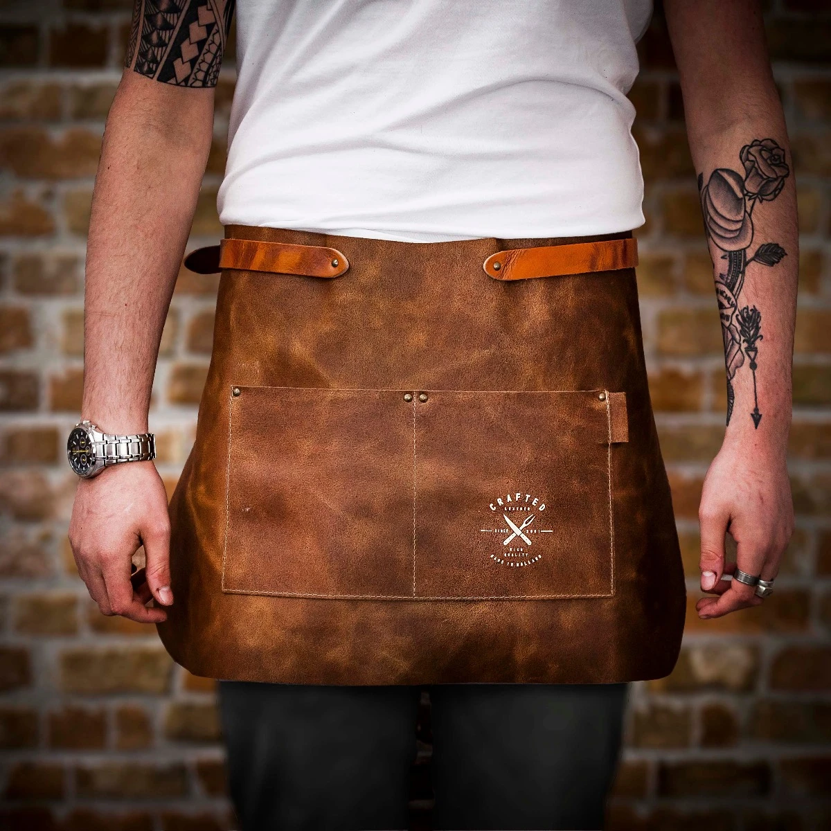 Crafted Vintage Short Leather Apron With Pocket 4 Crafted Vintage Short Leather Apron With Pocket - Image 2